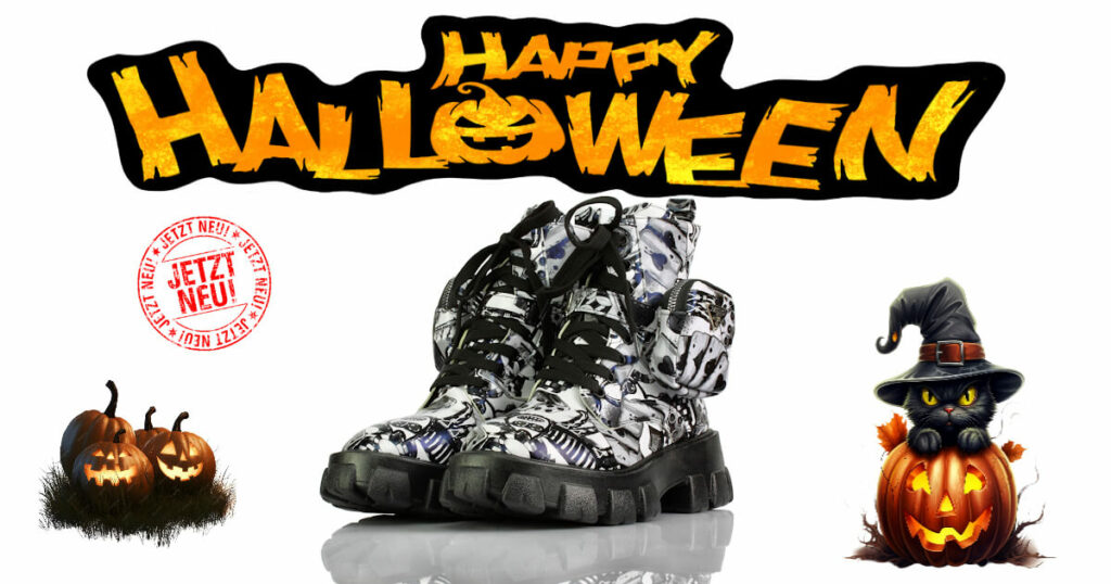 Boots Kurz Plateau Schwarz Weiß Halloween